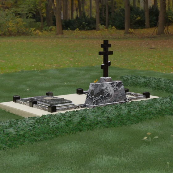 Семейный памятник с православным крестом, гранит амфиболит, вид 3