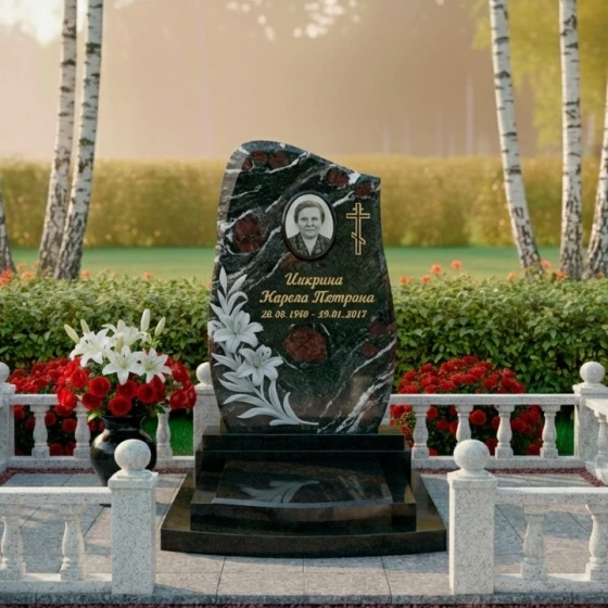 Православный гранитный памятник с балюстрадой и лилиями, гранит амфиболит