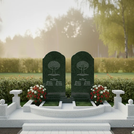 Двойной памятник-арка с Древом Жизни, гранит Балтик грин