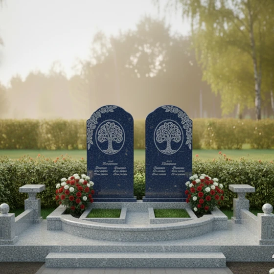 Двойной памятник-арка с Древом Жизни, гранит Блю Перл