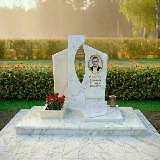 Гранитный памятник с православным крестом и медальоном, мрамор Тассос