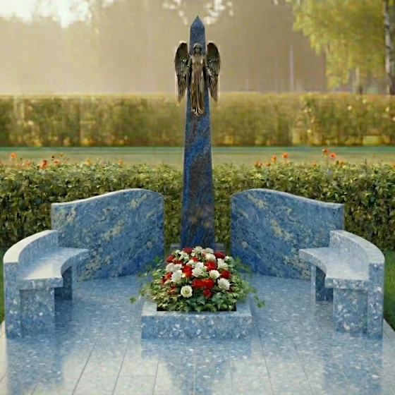 Элитный гранитный памятник с ангелом и волнами, гранит Блю Перл