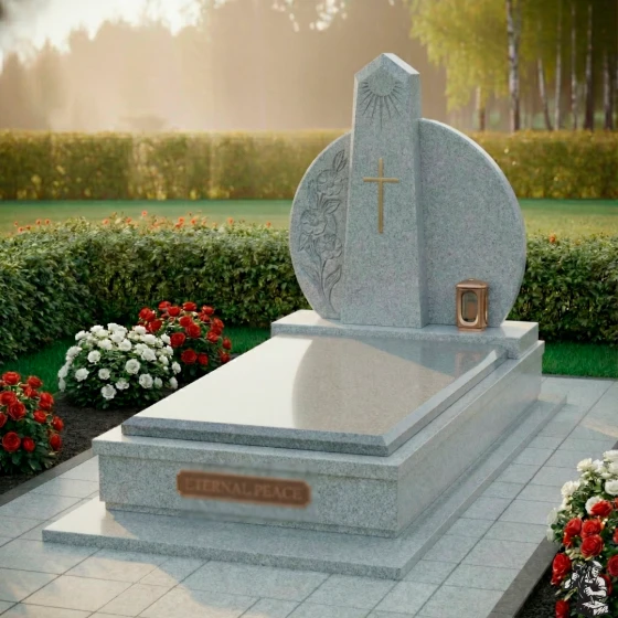 Православный комбинированный памятник с крестом и розами, гранит Мансуровский