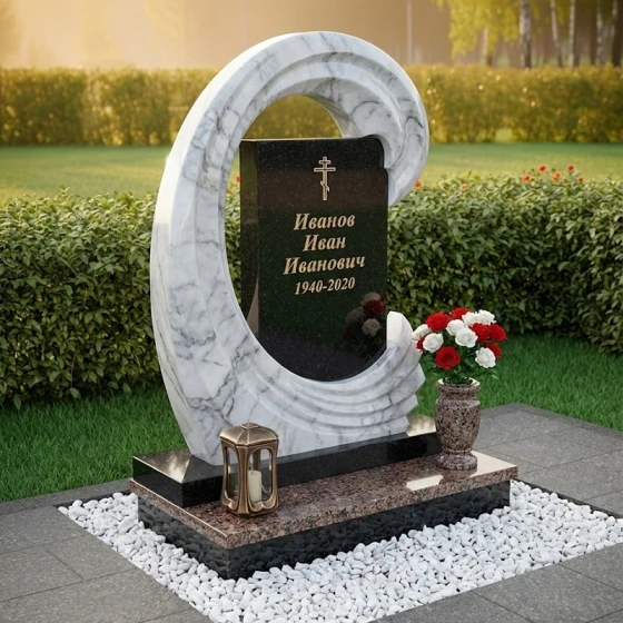 Гранитный памятник со спиралевидной стелой и гравировкой цветов, гранит Дымовский