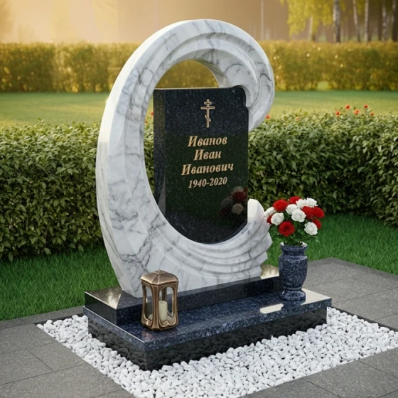 Гранитный памятник со спиралевидной стелой и гравировкой цветов, гранит Блю Перл