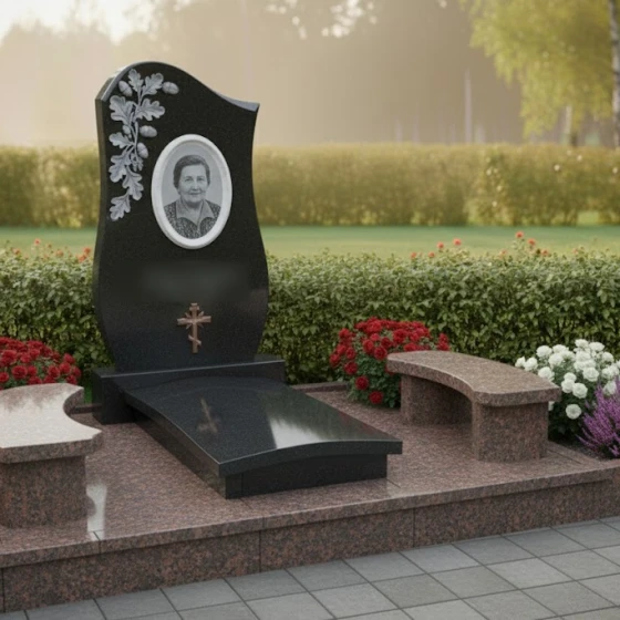 Памятник с овальным венком и православным крестом, гранит Габбро-диабаз