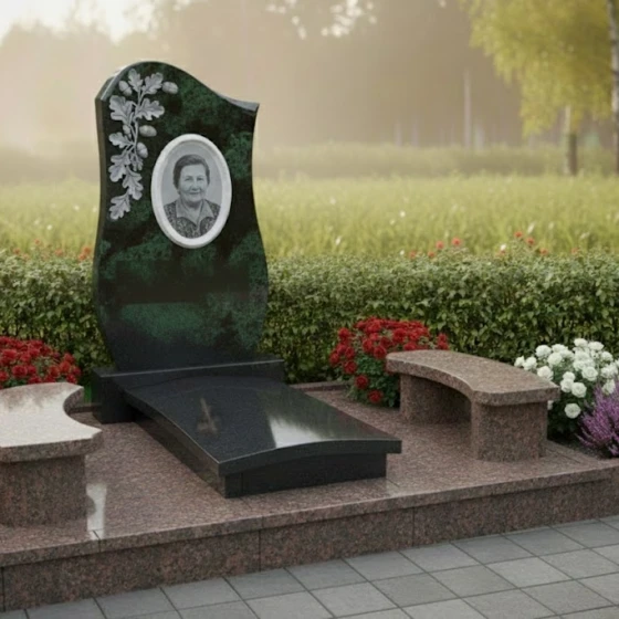 Памятник с овальным венком и православным крестом, гранит Балтик грин