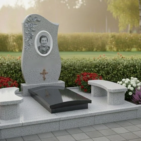 Памятник с овальным венком и православным крестом, гранит Мансуровский