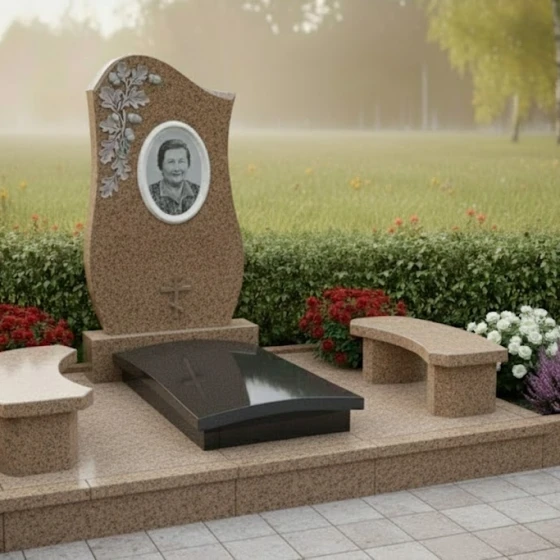 Памятник с овальным венком и православным крестом, гранит Дымовский