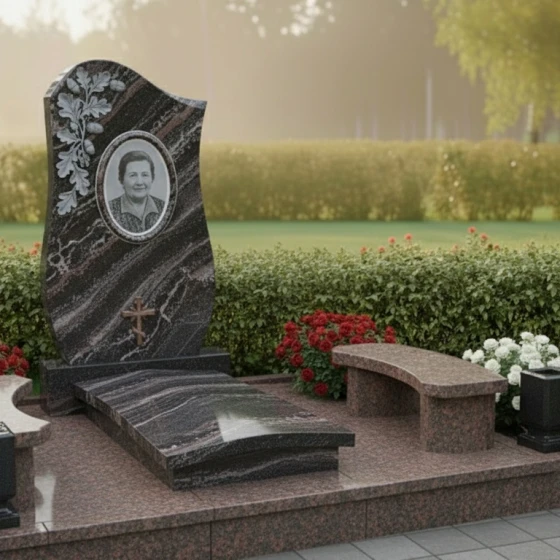 Памятник с овальным венком и православным крестом, гранит амфиболит