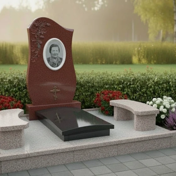 Памятник с овальным венком и православным крестом, гранит Лезниковский