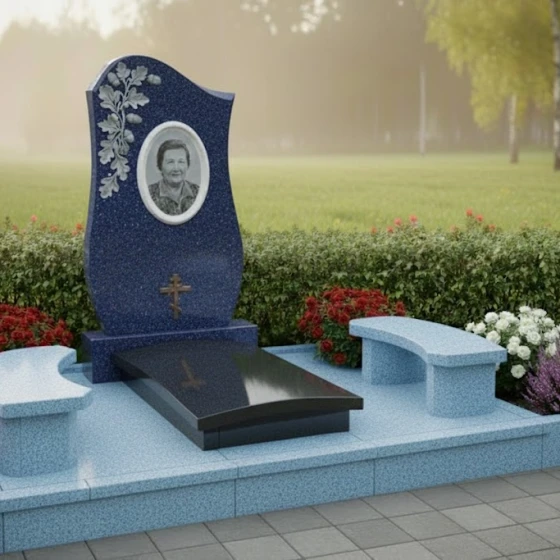 Памятник с овальным венком и православным крестом, гранит Блю Перл