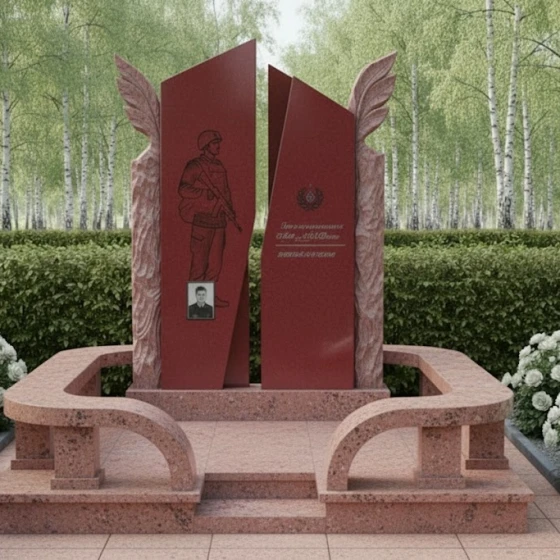 Гранитный памятник в виде раскрытой книги с крыльями, гранит Лезниковский