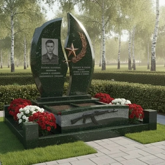 Гранитный памятник с асимметричными волнами и звездой, гранит Балтик грин