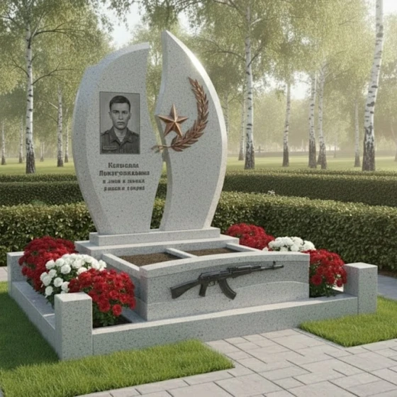 Гранитный памятник с асимметричными волнами и звездой, гранит Мансуровский
