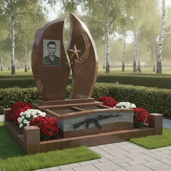 Гранитный памятник с асимметричными волнами и звездой, гранит Дымовский