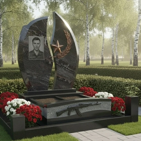 Гранитный памятник с асимметричными волнами и звездой, гранит амфиболит