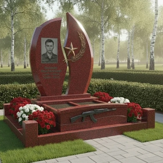 Гранитный памятник с асимметричными волнами и звездой, гранит Лезниковский