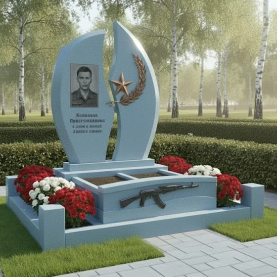 Гранитный памятник с асимметричными волнами и звездой, гранит Блю Перл