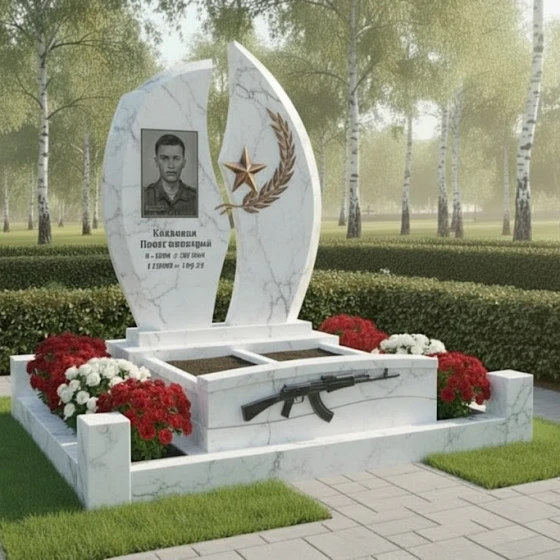 Гранитный памятник с асимметричными волнами и звездой, мрамор Тассос