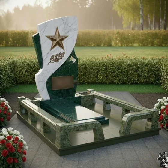 Гранитный мемориал с пятиконечной звездой и лавровой ветвью, гранит Балтик грин