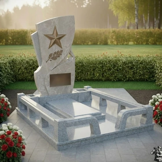 Гранитный мемориал с пятиконечной звездой и лавровой ветвью, гранит Мансуровский