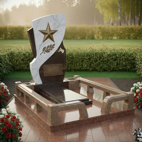 Гранитный мемориал с пятиконечной звездой и лавровой ветвью, гранит Дымовский