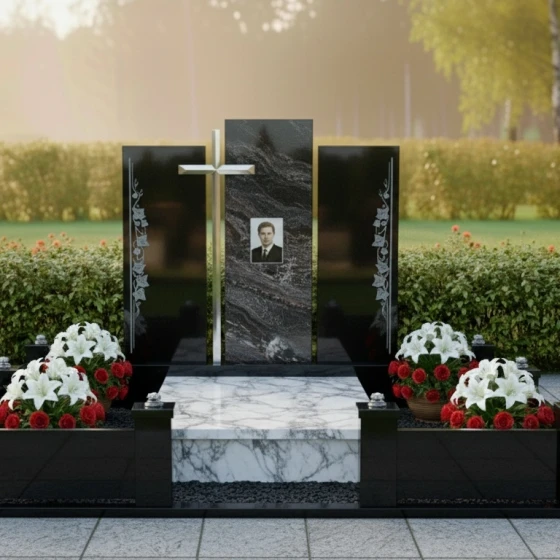 Мемориал «Триединство веры» с крестом и орнаментом, гранит амфиболит