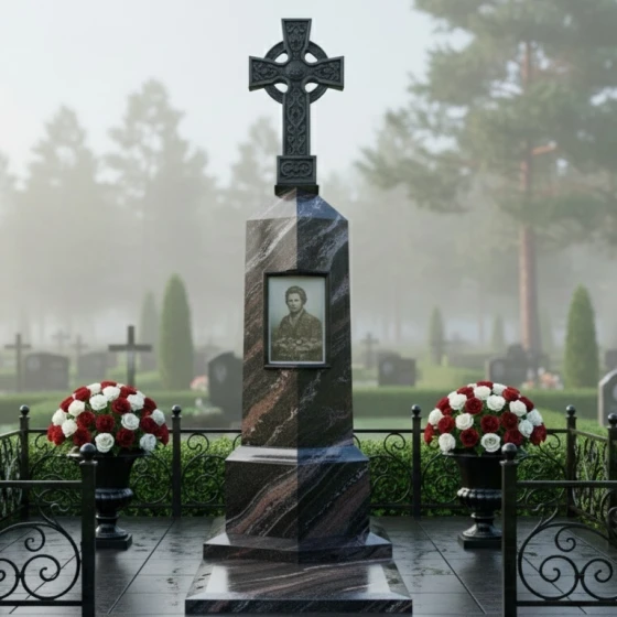 Гранитный памятник с кельтским крестом и оградой, гранит амфиболит