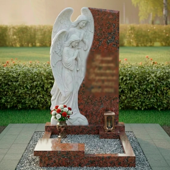 Элитный памятник с барельефом ангелов, гранит Лезниковский