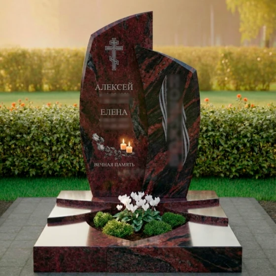 Мемориальная композиция с сердцем и свечами, гранит амфиболит