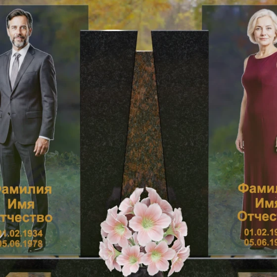 Комбинированный памятник со стеклянными панелями и гранитным пилоном, гранит Габбро-диабаз