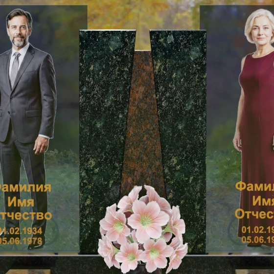 Комбинированный памятник со стеклянными панелями и гранитным пилоном, гранит Балтик грин