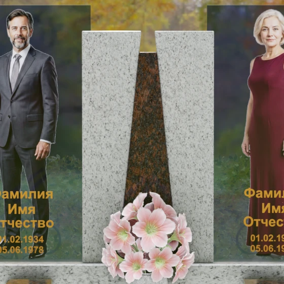 Комбинированный памятник со стеклянными панелями и гранитным пилоном, гранит Мансуровский