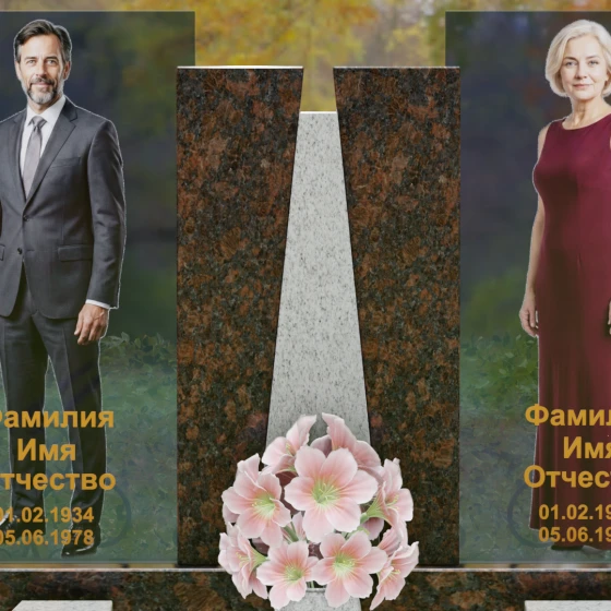 Комбинированный памятник со стеклянными панелями и гранитным пилоном, гранит Дымовский
