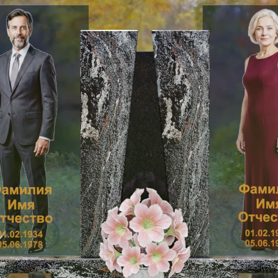 Комбинированный памятник со стеклянными панелями и гранитным пилоном, гранит амфиболит