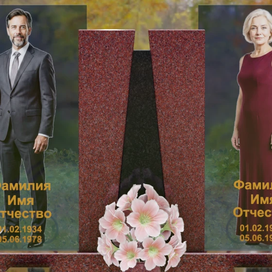 Комбинированный памятник со стеклянными панелями и гранитным пилоном, гранит Лезниковский
