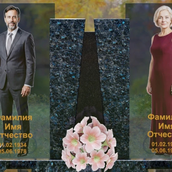 Комбинированный памятник со стеклянными панелями и гранитным пилоном, гранит Блю Перл