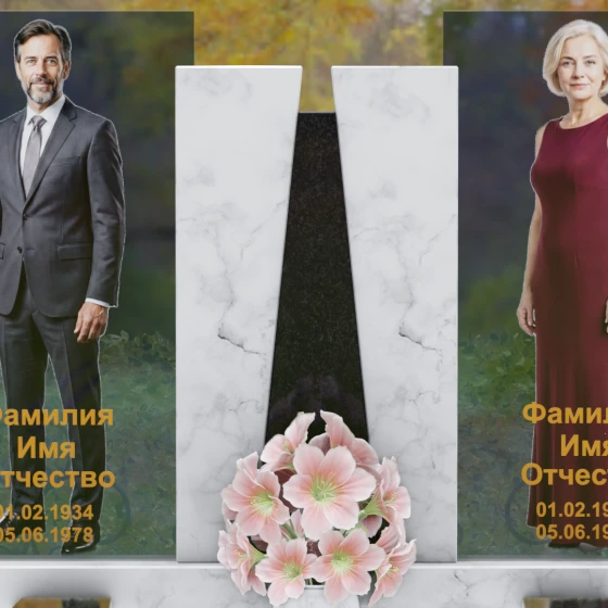 Комбинированный памятник со стеклянными панелями и гранитным пилоном, мрамор Тассос
