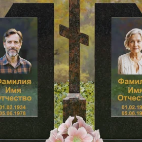 Гранитный памятник с православным крестом и стеклом - П246