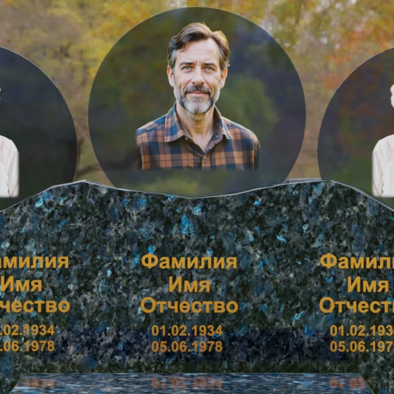 Горизонтальный гранитный памятник со скалой и медальонами, гранит Блю Перл