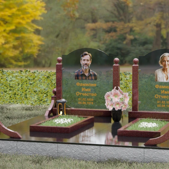 Горизонтальный памятник с арками и стеклом, гранит Лезниковский, вид 4