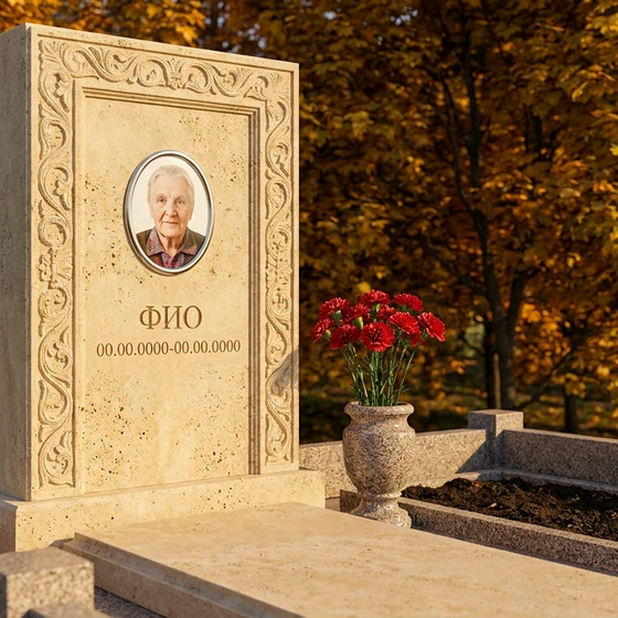 Памятник из светлого известняка с цветами