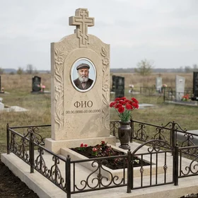 Памятник из известняка арочной формы с цветами
