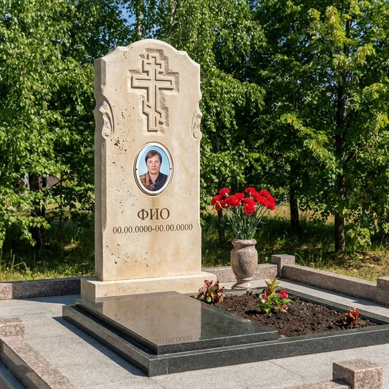 Памятник из светлого известняка арочной формы с крестом