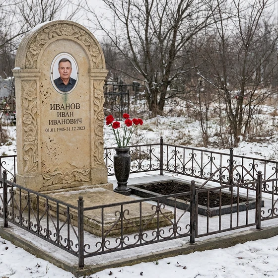 Памятник из известняка арочной формы с цветами
