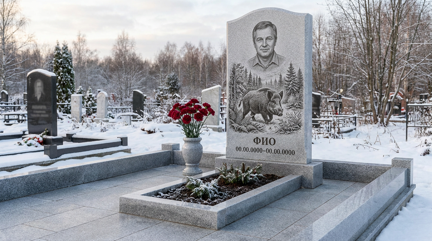 Пример дизайна: Гранитный памятник охотнику с аркой с охотничьим рогом