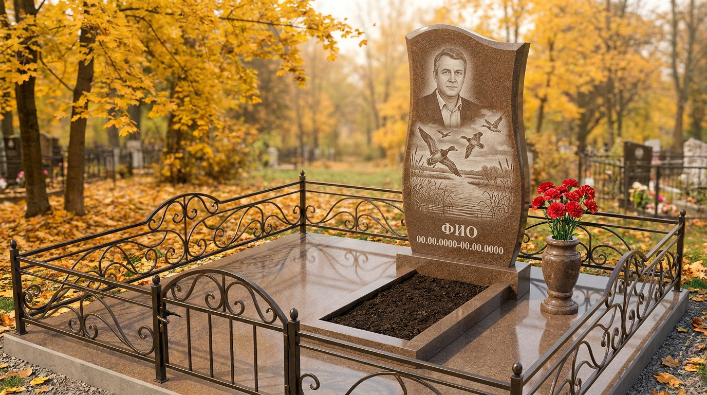 Пример дизайна: Гранитный памятник охотнику арочной формы с лесной чащей