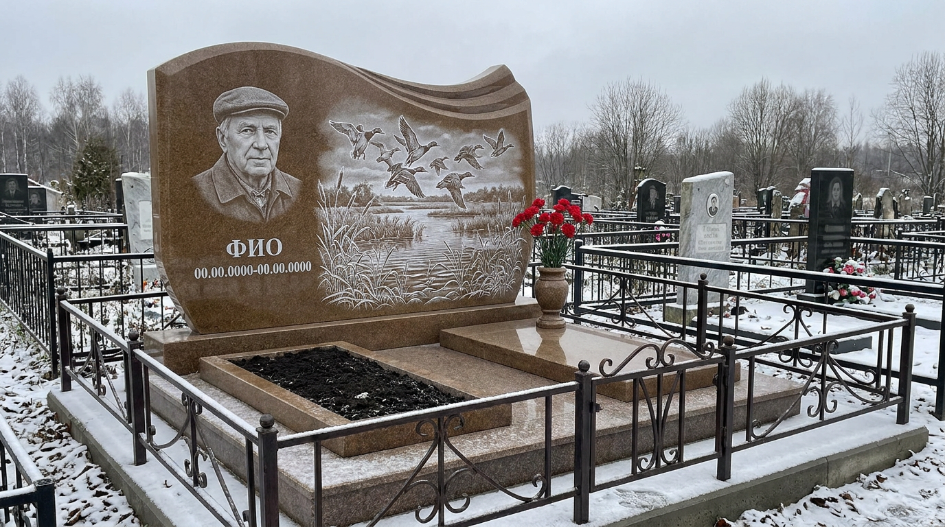Пример дизайна: Гранитный памятник охотнику в виде скалы со сценой охоты