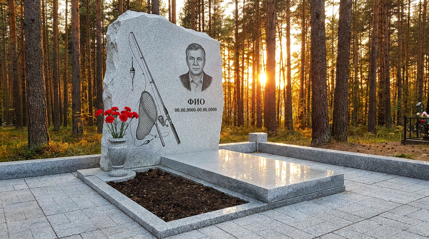 Пример дизайна: Гранитный памятник рыбаку в виде скалы со снастями